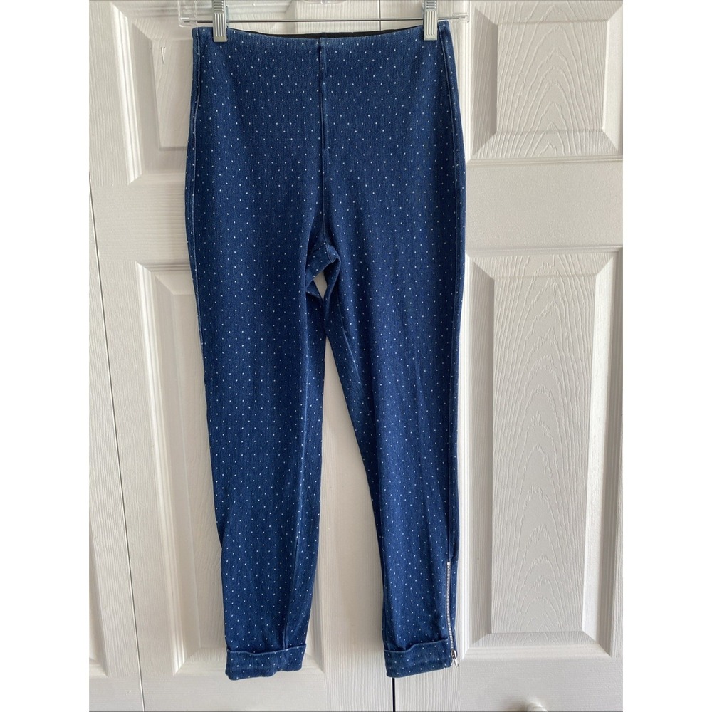 Lysse Polka Dot Denim Leggings Womens Size S Blue Ankle Zip Stretch Skinny Pants